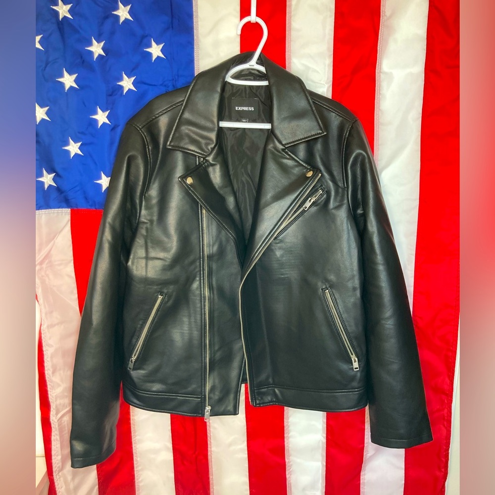 Mens Express Black Faux Leather Biker Jacket Size Large